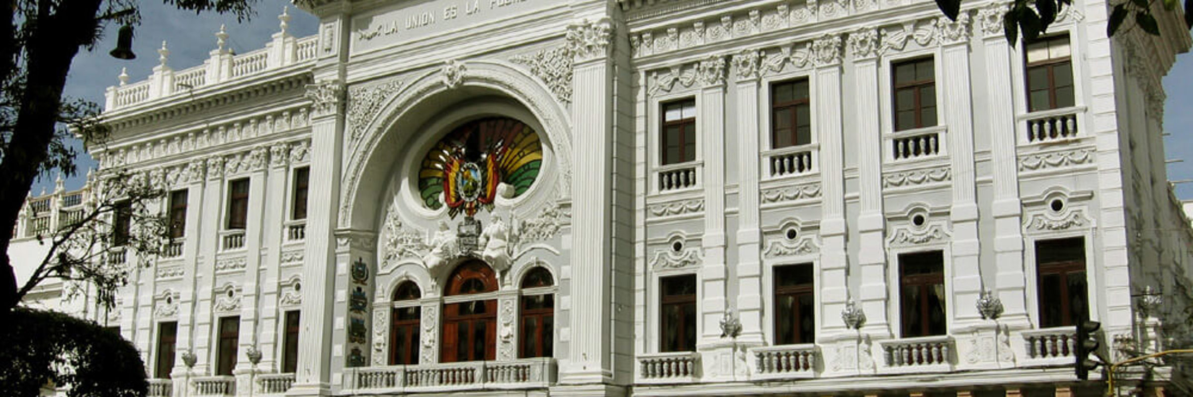 Elegant neoclassical facade of the Prefectura building in Sucre, Bolivia. 