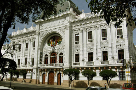 Elegant neoclassical facade of the Prefectura building in Sucre, Bolivia. 