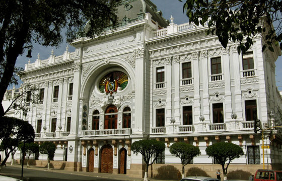 Elegant neoclassical facade of the Prefectura building in Sucre, Bolivia. 