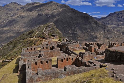 Ancient Inca stonework and sweeping mountain views define the stunning ruins of Pisac in Peru's Sacred Valley. 