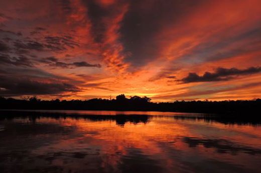 Stunning sunrise over the Amazon River, with vibrant orange and red hues reflecting across the calm water. 