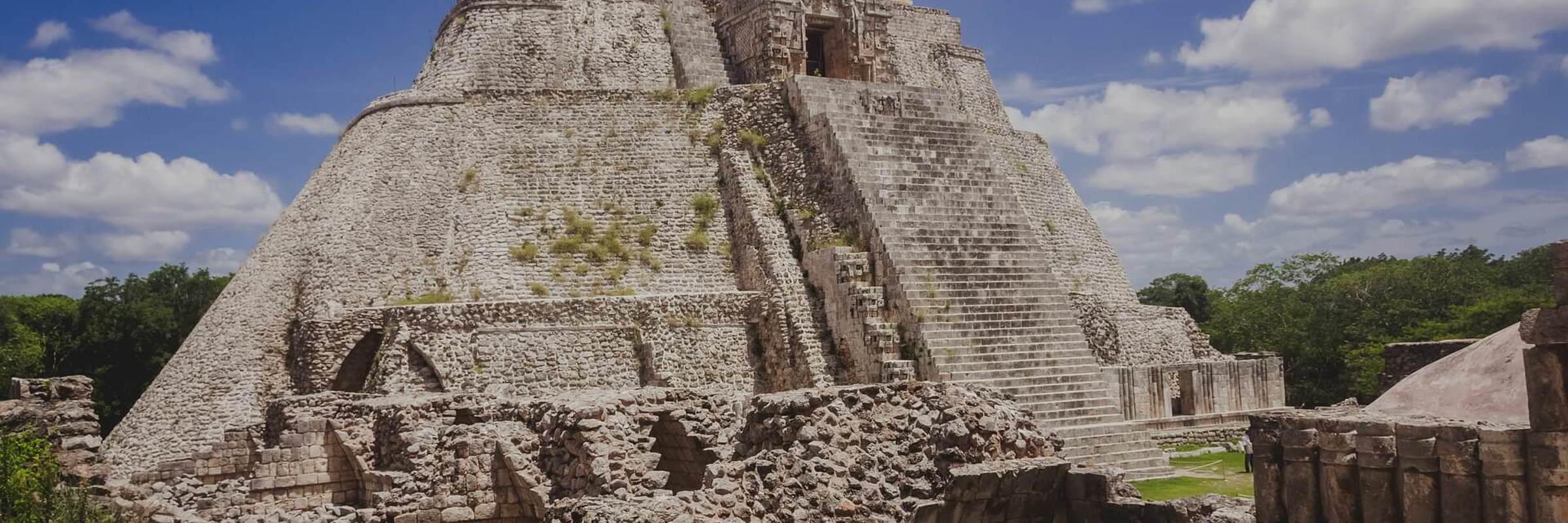 Pyramid of the Magician at Uxmal, a UNESCO World Heritage Mayan site with dramatic architecture in Yucatan, Mexico. 