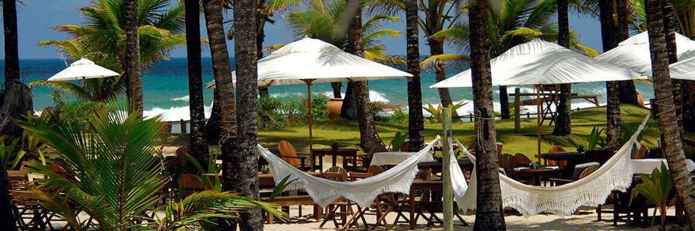 Beach hammocks under palm trees with ocean view and sun loungers at a resort in Praia do Forte, Bahia, Brazil. 