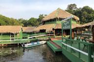 Eco Park Jungle Lodge floating on the Amazon River, surrounded by rainforest, near Manaus, Brazil. 