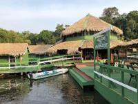 Eco Park Jungle Lodge floating on the Amazon River, surrounded by rainforest, near Manaus, Brazil. 
