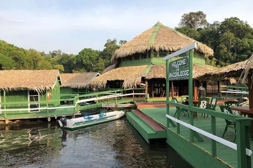 Eco Park Jungle Lodge floating on the Amazon River, surrounded by rainforest, near Manaus, Brazil. 