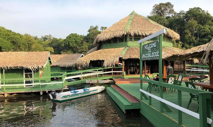 Eco Park Jungle Lodge floating on the Amazon River, surrounded by rainforest, near Manaus, Brazil. 