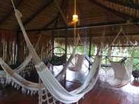Relaxing hammock area under a thatched roof at Turtle Lodge, a jungle retreat in the Brazilian Amazon. 