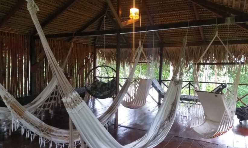 Relaxing hammock area under a thatched roof at Turtle Lodge, a jungle retreat in the Brazilian Amazon. 