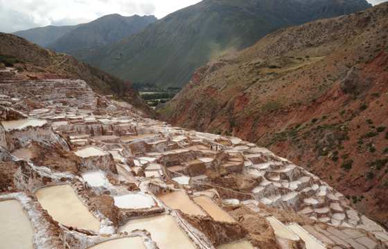 Terraced salt ponds of Maras in Peru's Sacred Valley, a unique historical and cultural site. 