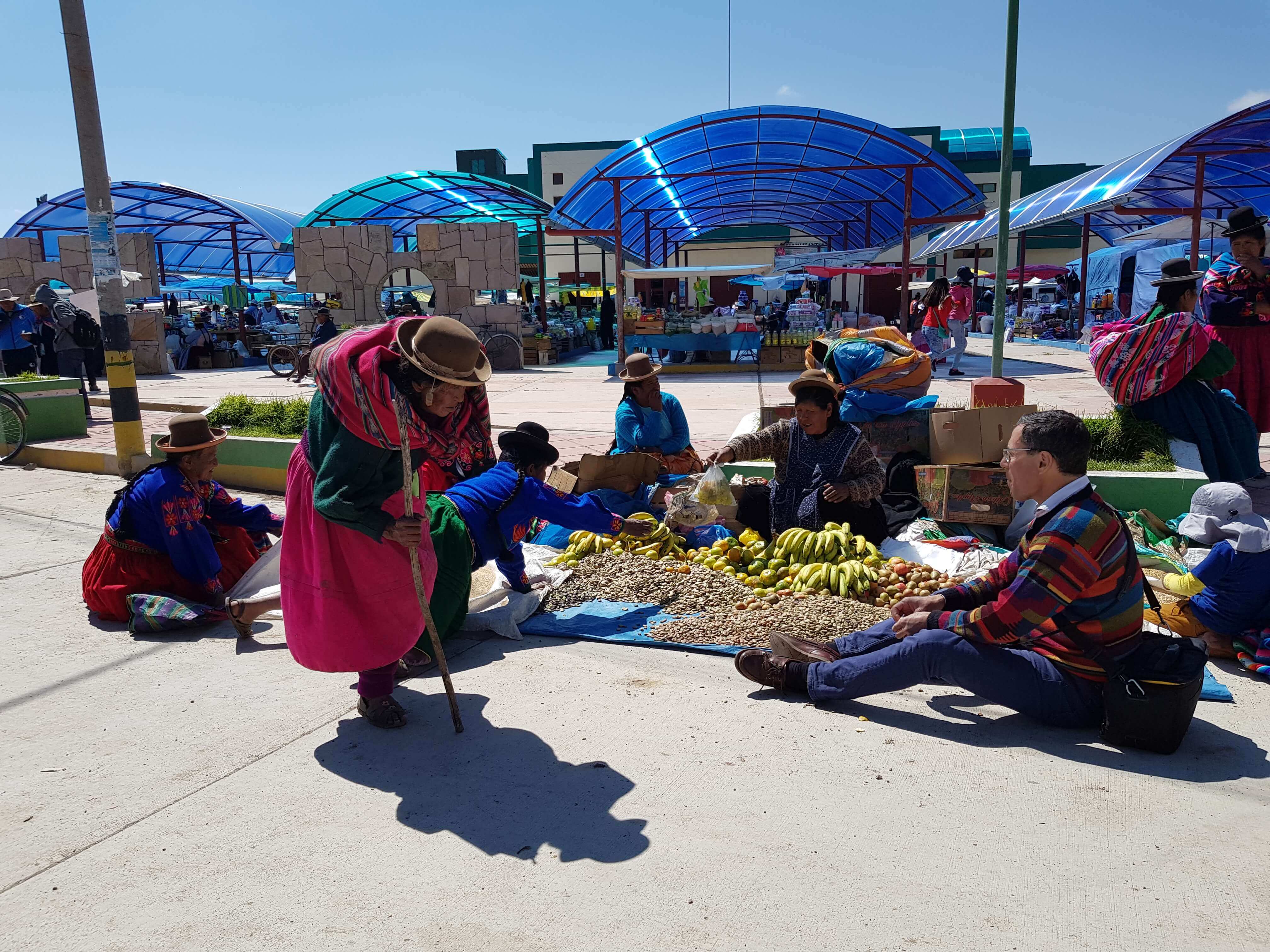 South America - Bolivia, Women in traditional dress exchanging goods at a local outdoor market. 