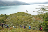 Hikers descend a lush green hillside toward a dramatic Patagonian coastline with glacial waters and misty mountains beyond. 