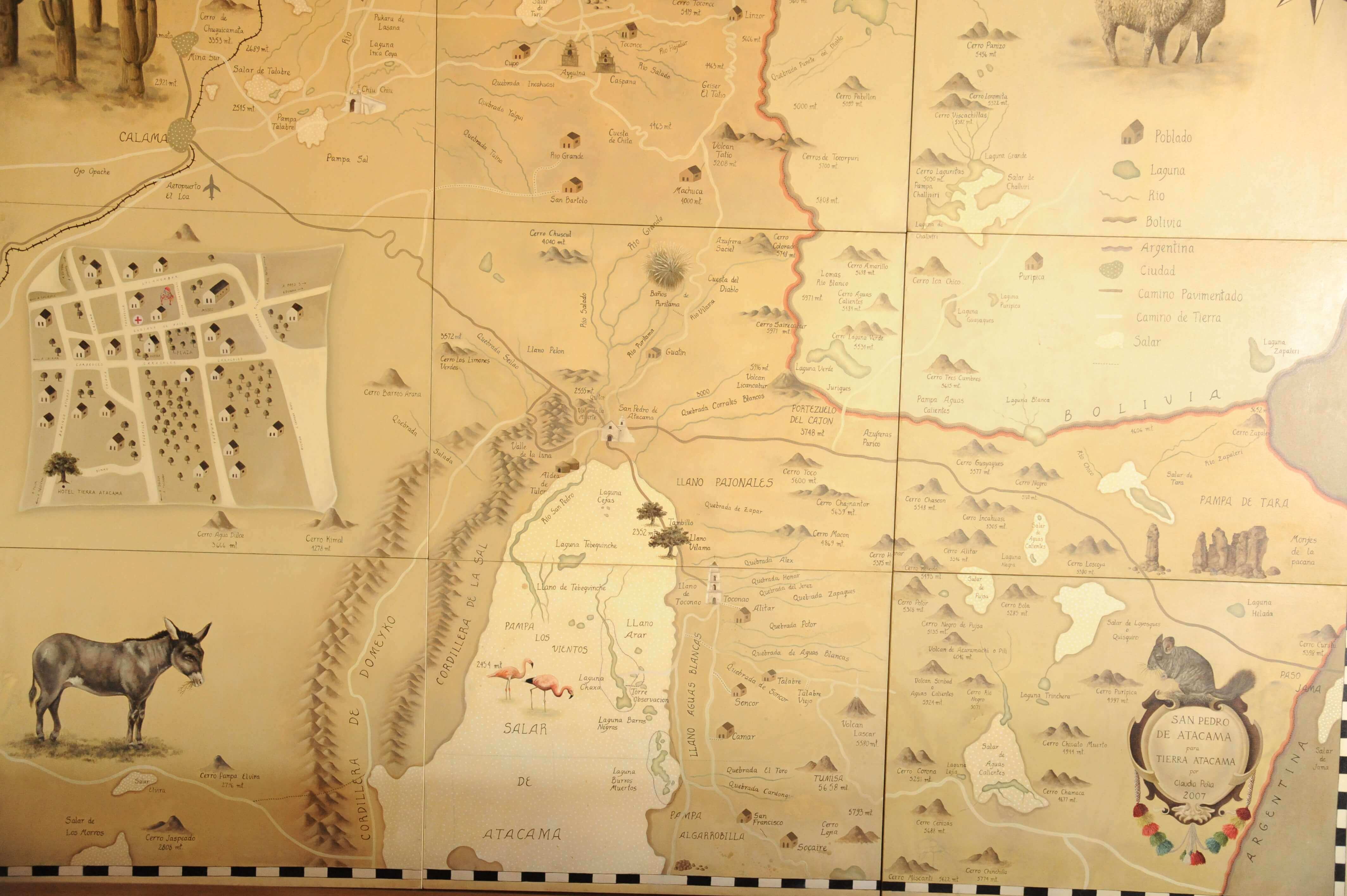 Illustrated historical map of the Atacama Desert with regional features, animals, and settlements. 