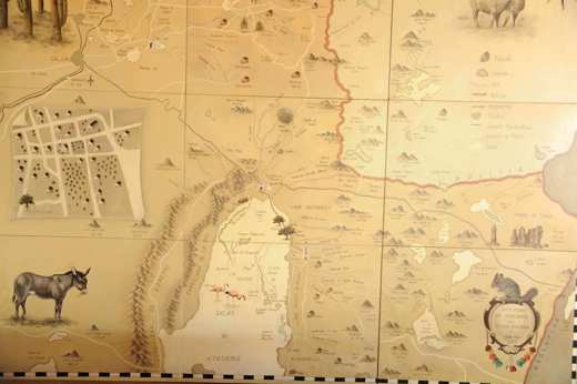 Illustrated historical map of the Atacama Desert with regional features, animals, and settlements. 