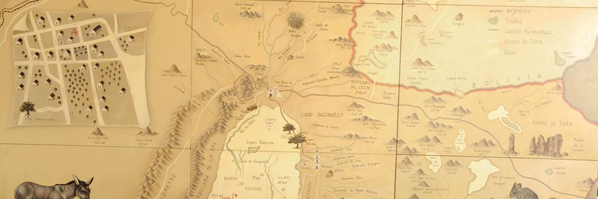 Illustrated historical map of the Atacama Desert with regional features, animals, and settlements. 