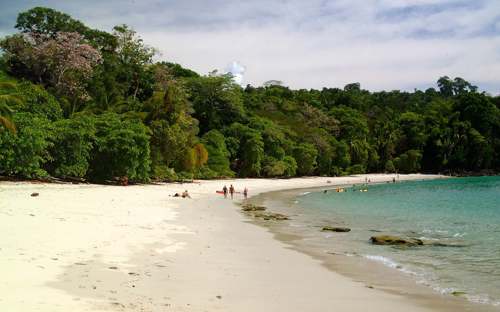 White sandy beach backed by lush rainforest in Manuel Antonio National Park, with people walking along the the shore and calm turquoise waters. 
