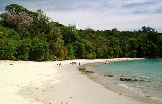White sandy beach backed by lush rainforest in Manuel Antonio National Park, with people walking along the the shore and calm turquoise waters. 