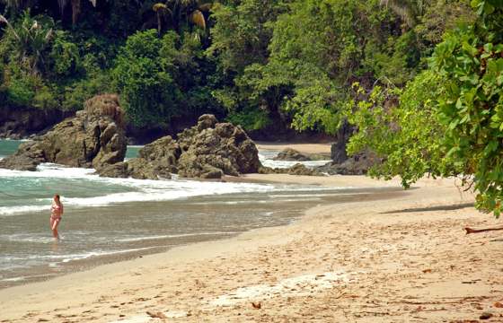 A lone beachgoer strolls the sandy edge of Manuel Antonio, where jungle meets ocean cliffs. 