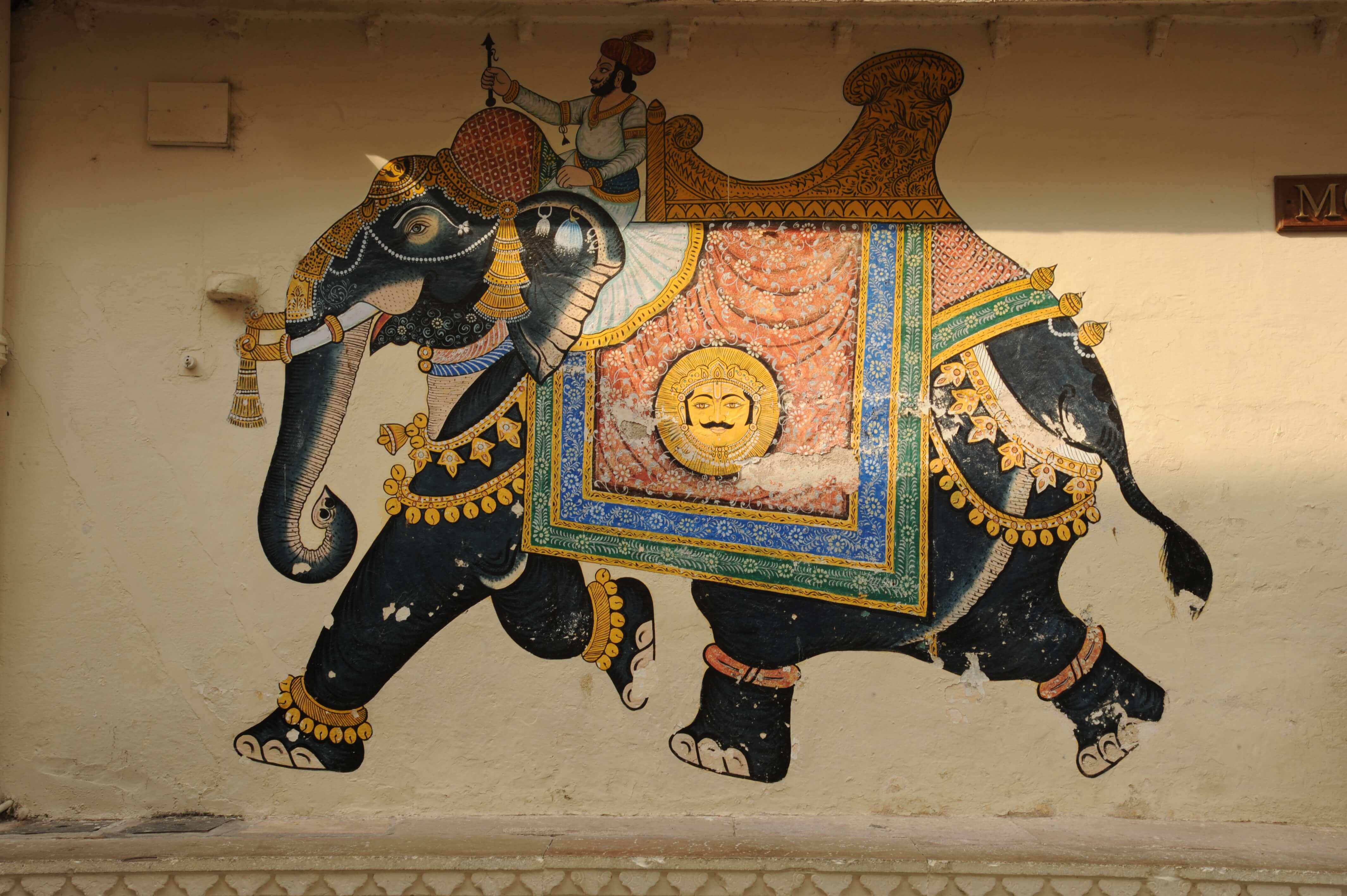Asia, India - Traditional mural of a regal elephant on a palace wall in Rajasthan. 