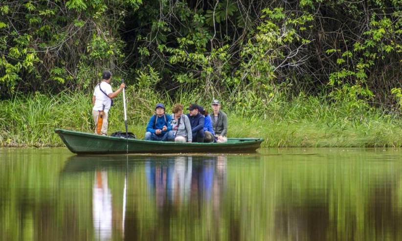 Tourists on a guided canoe through the Peruvian Amazon rainforest, exploring jungle wildlife. 