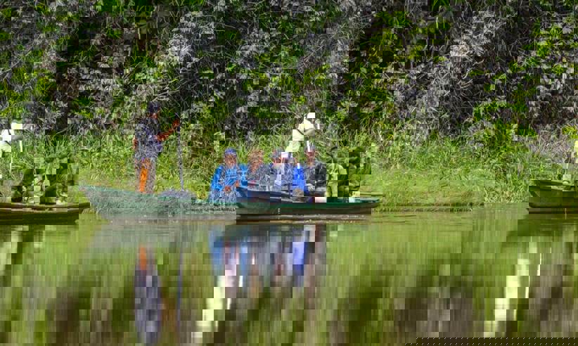 Tourists on a guided canoe through the Peruvian Amazon rainforest, exploring jungle wildlife. 