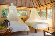 Twin beds with mosquito nets in a rainforest ecolodge in Tambopata, Peru. 