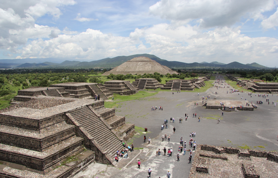 Panoramic view of Teotihuacan's Pyramid of the Sun and surrounding ancient ruins near Mexico City. 