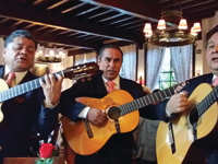 Three traditional Mexican guitarists perform indoors, capturing the spirit and musical heritage of Mexico. 