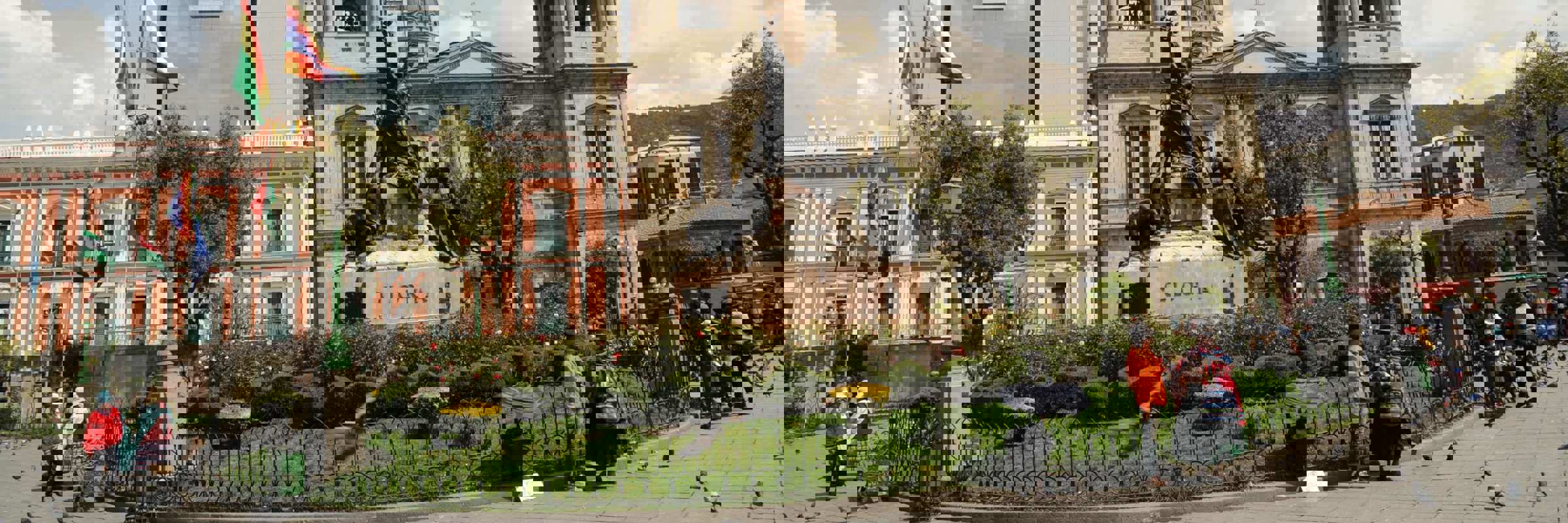 Plaza Murillo in La Paz, Bolivia, with historic buildings and national monuments. 