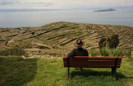 Terraced hills overlook the calm waters of Lake Titicaca in Bolivia's highlands. 