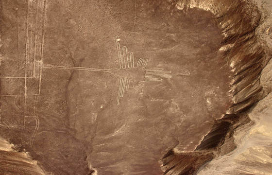 The hummingbird geoglyph stretches across the Nazca desert in a mysterious display of ancient precision. 