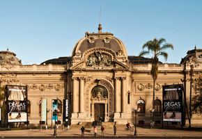 The grand neoclassical facade of the Museo Nacional de Bellas Artes in Santiago, Chile. 