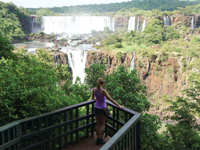 A visitor gazes across the panoramic Iguassu Falls, surrounded by lush Atlantic rainforest. 