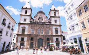 The Church of Sao Francisco stands in the heart of Salvador's historic Pelourinho district, showcasing Baroque architecture and vibrant local culture. 