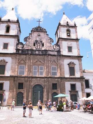The Church of Sao Francisco stands in the heart of Salvador's historic Pelourinho district, showcasing Baroque architecture and vibrant local culture. 
