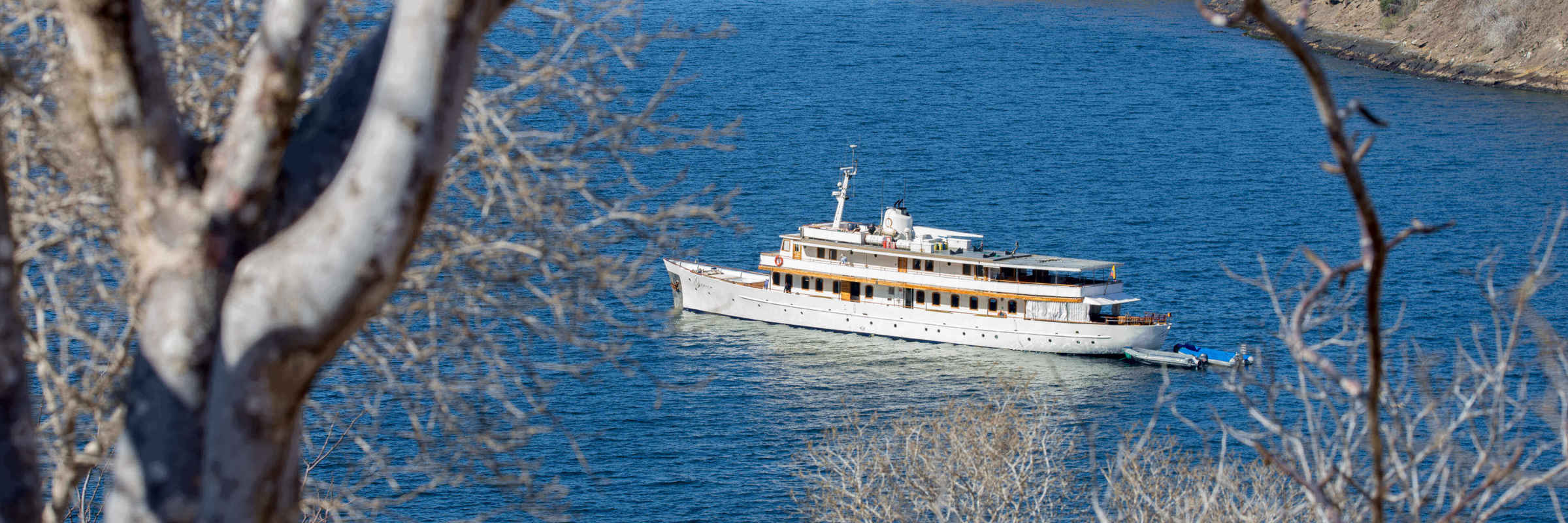 The classic M/Y Grace at Tagus Cove, Galapagos Islands, Pacific Ocean