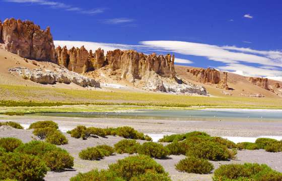 Dramatic rocks spires rise above green shrubs and a salt flat in Chile's high altitude Altiplano region. 