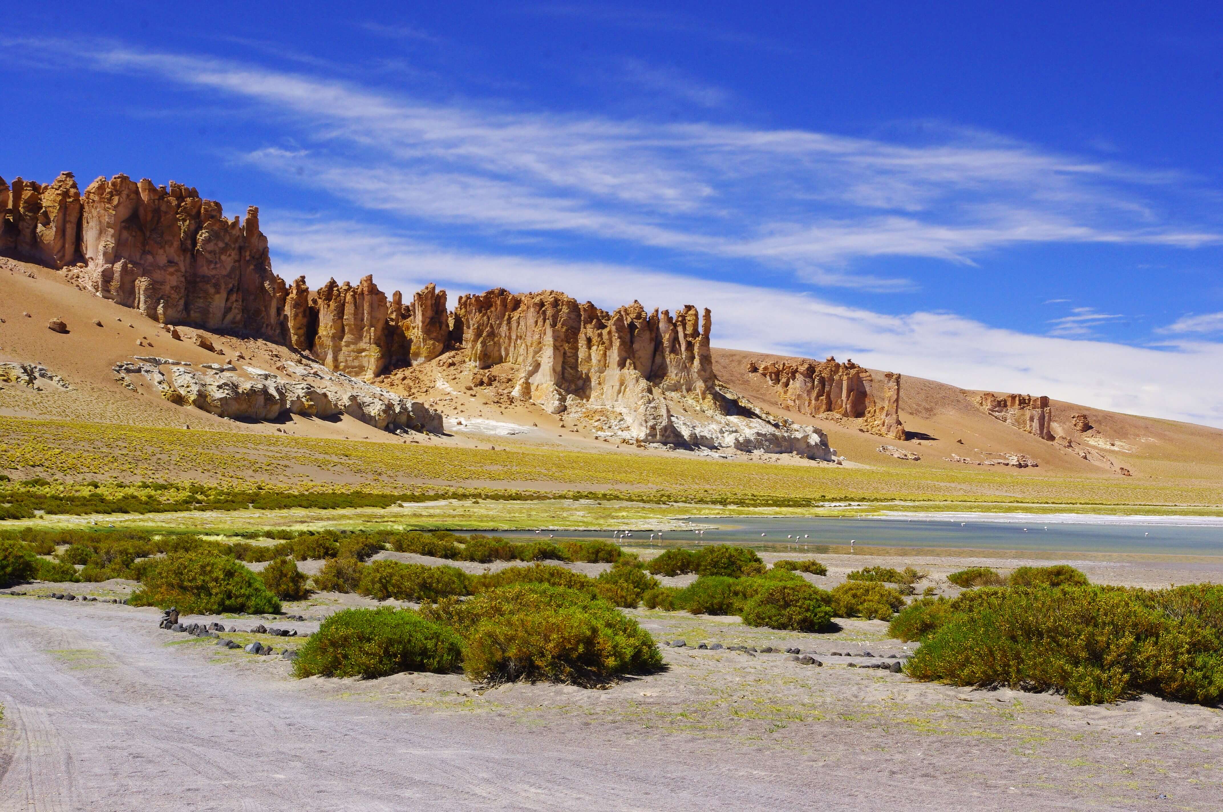 Dramatic red rock formations rise above a high-altitude lagoon and wetlands in Chile's Atacama Altiplano under a vivid blue sky. 