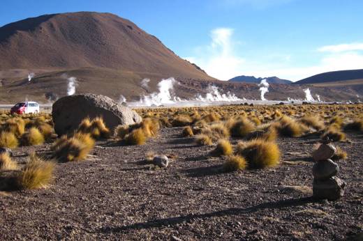 Steam rises from El Tatio geysers at sunrise, framed by desert vegetation and volcanic peaks. 