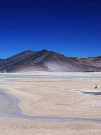 South America - Chile, remote Atacama Desert landscape with salt flats and mountains under blue skies. 