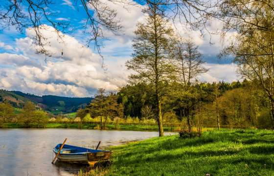 A wooden rowboat rests at the grassy edge of a calm lake surrounded by forested hills in Chile's Lake District. 