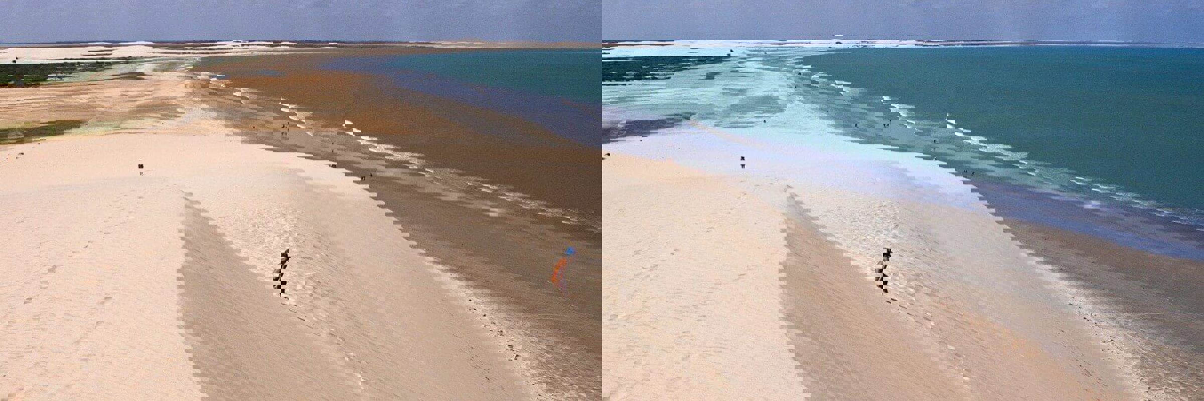 Vast sand dunes at Duna do Por do Sol in Jericoacoara, Ceara, Brazil, with ocean views and ridge.  