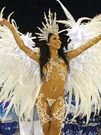 Samba queen in feathered costume leading Rocinha school at Rio Carnival parade, Brazil. 