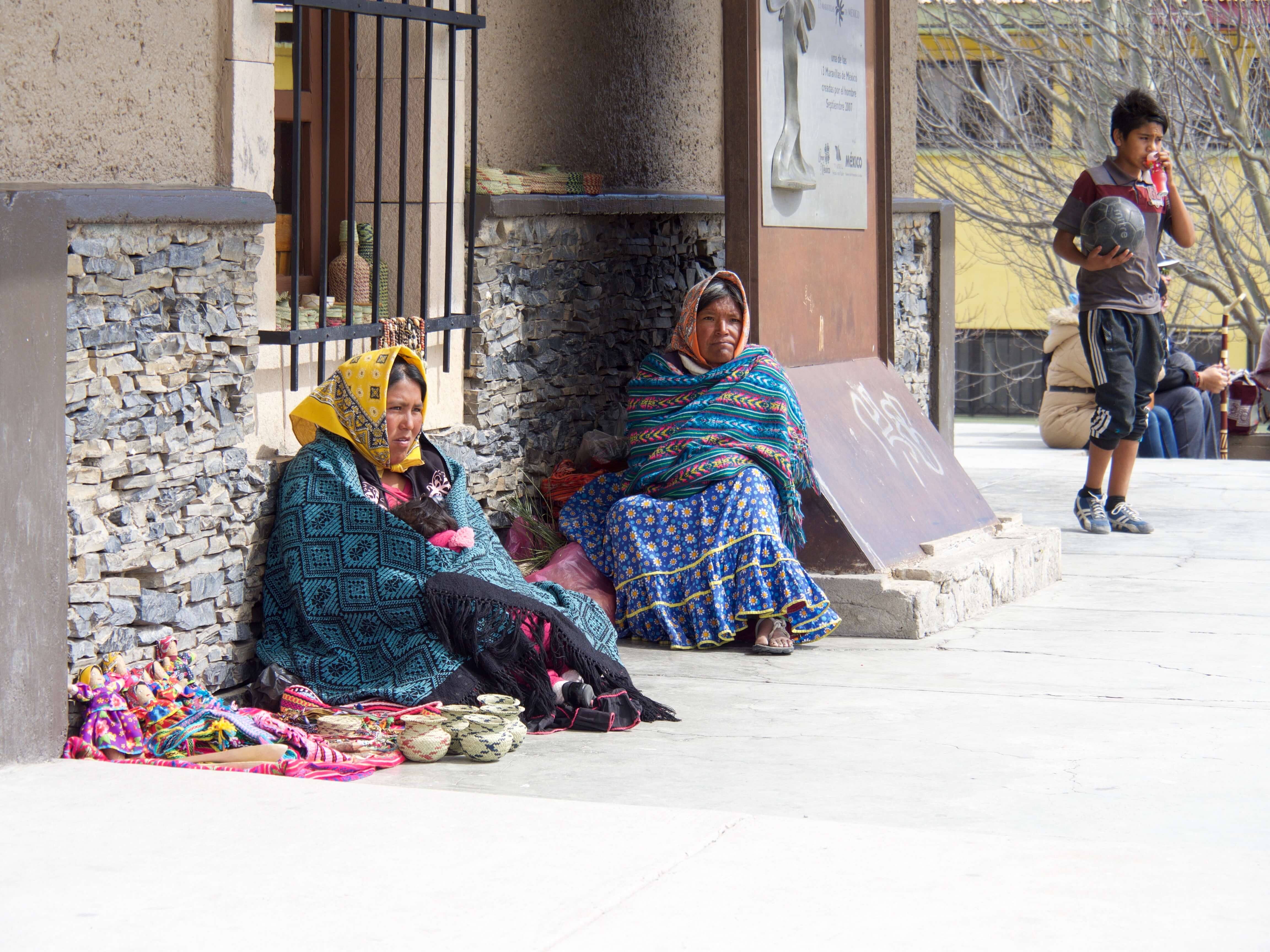 Tarahumaran Local people selling handmade crafts and textiles in Creel, Copper Canyon, Mexico. 