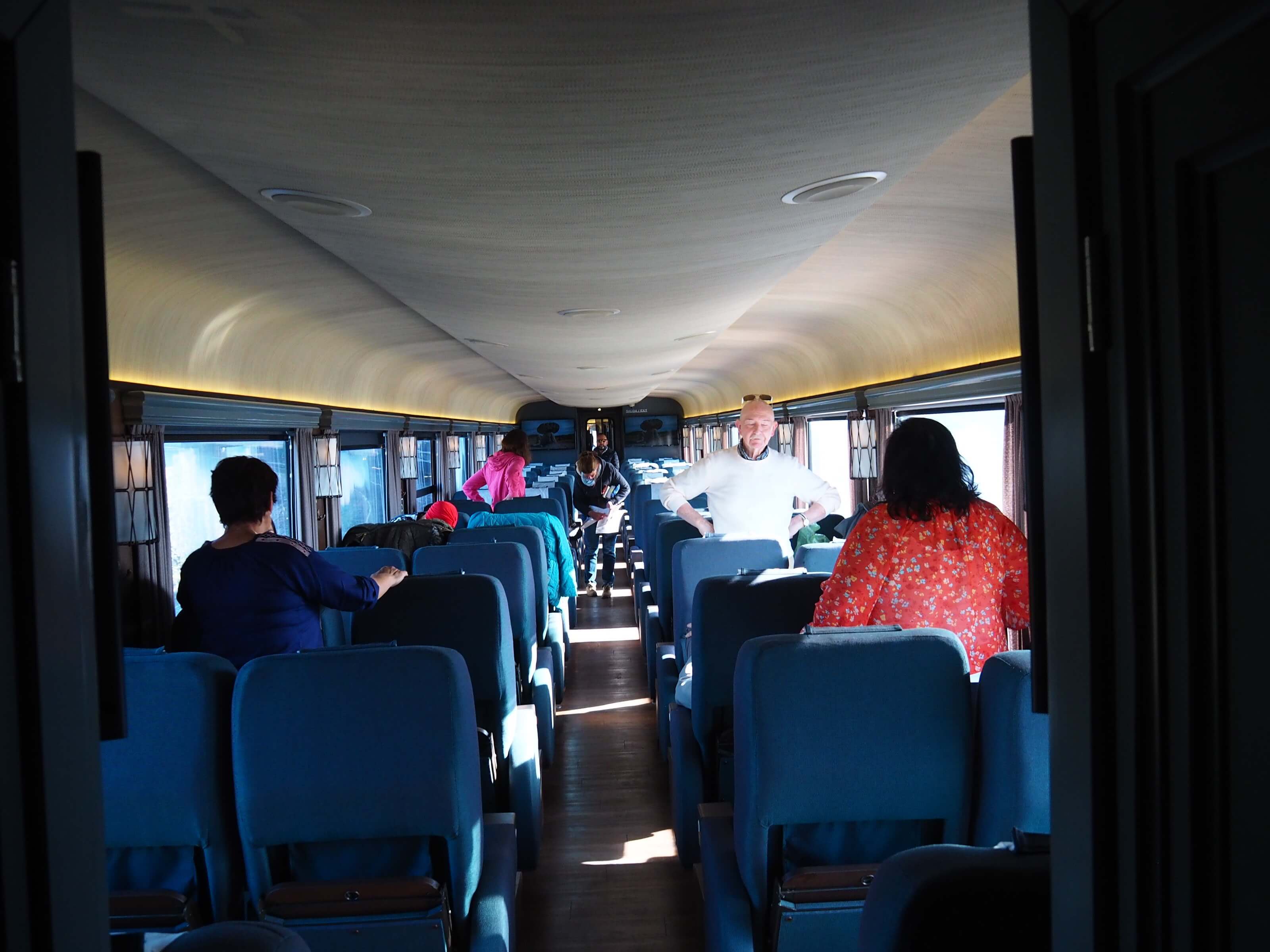 Passengers seated inside the Chepe Express train as it travels through the scenic Copper Canyon region in northern Mexico. 