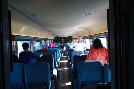 Passengers seated inside the Chepe Express train as it travels through the scenic Copper Canyon region in northern Mexico. 