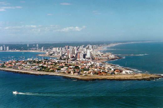 Punta del Este Aerial with beach and pine trees behind