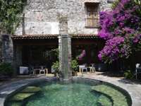 Stone courtyard with small pool, flowering plants, and rustic seating at a boutique hotel in San Miguel de Allende, Mexico. 