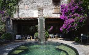 Stone courtyard with small pool, flowering plants, and rustic seating at a boutique hotel in San Miguel de Allende, Mexico. 