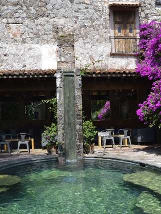 Stone courtyard with small pool, flowering plants, and rustic seating at a boutique hotel in San Miguel de Allende, Mexico. 